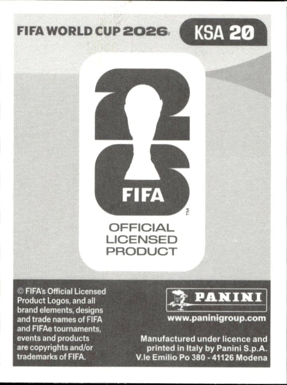 2026 Panini Fifa World Cup Abdullah Alhamdan #KSA 20 soccer trading card back