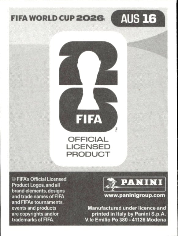 2026 Panini Fifa World Cup Patrick Vazbek #AUS 16 soccer trading card back
