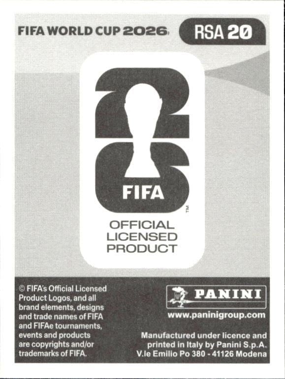2026 Panini Fifa World Cup Oswin Appollis #RSA 20 soccer trading card back