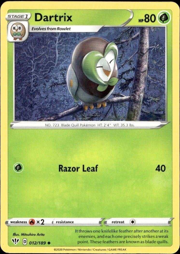 2020 Pokémon Sun & Moon Dartrix #012/149 trading card