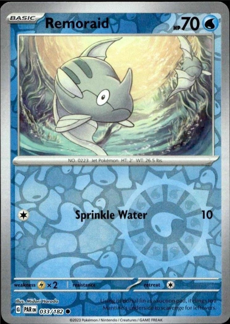 Remoraid 2023 Pokémon Paradox Rift #033/182 Pokémon Card - Front 2023 Pokémon Paradox Rift Remoraid #033/182 Pokémon card front