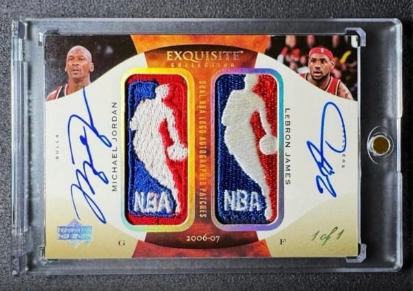 2006-07 Upper Deck Exquisite Michael Jordan & LeBron James Dual Logoman Autographs 1/1