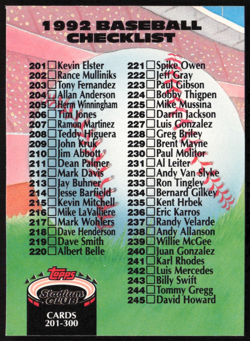 1992 Topps Stadium Club Checklist #300 trading card