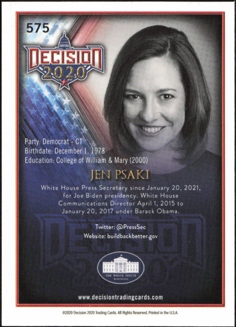 2020 Leaf Decision Series 2 Jen Psaki #575 political trading card back