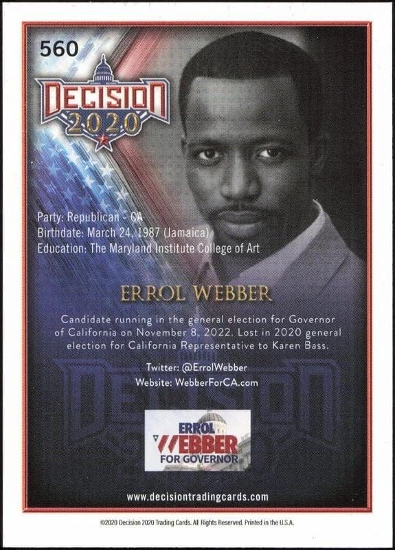 2020 Leaf Decision Series 2 Errol Webber #560 political trading card back
