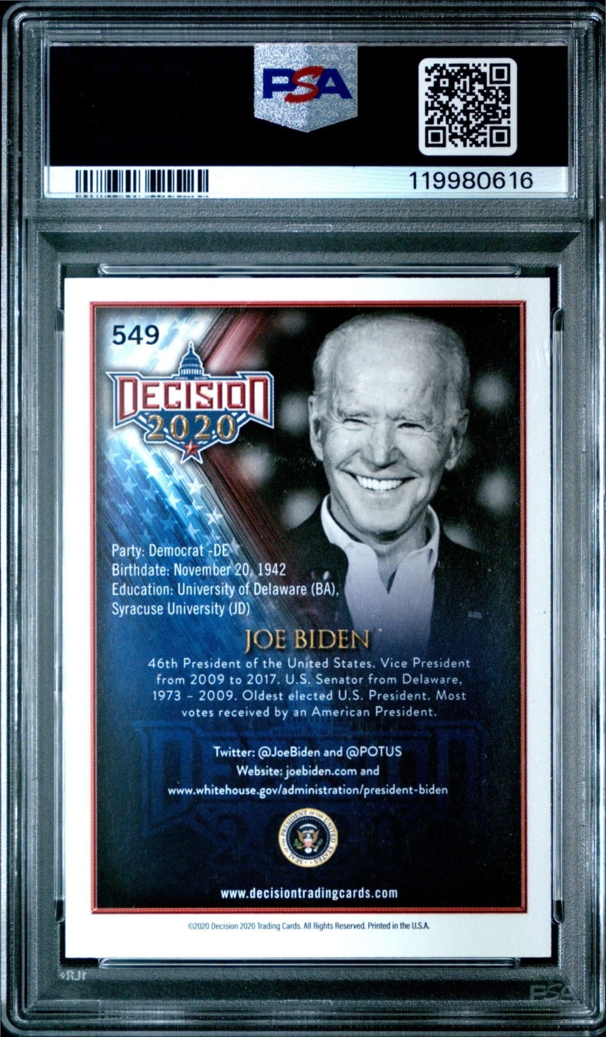 2020 Leaf Decision Joe Biden #549 political trading card back