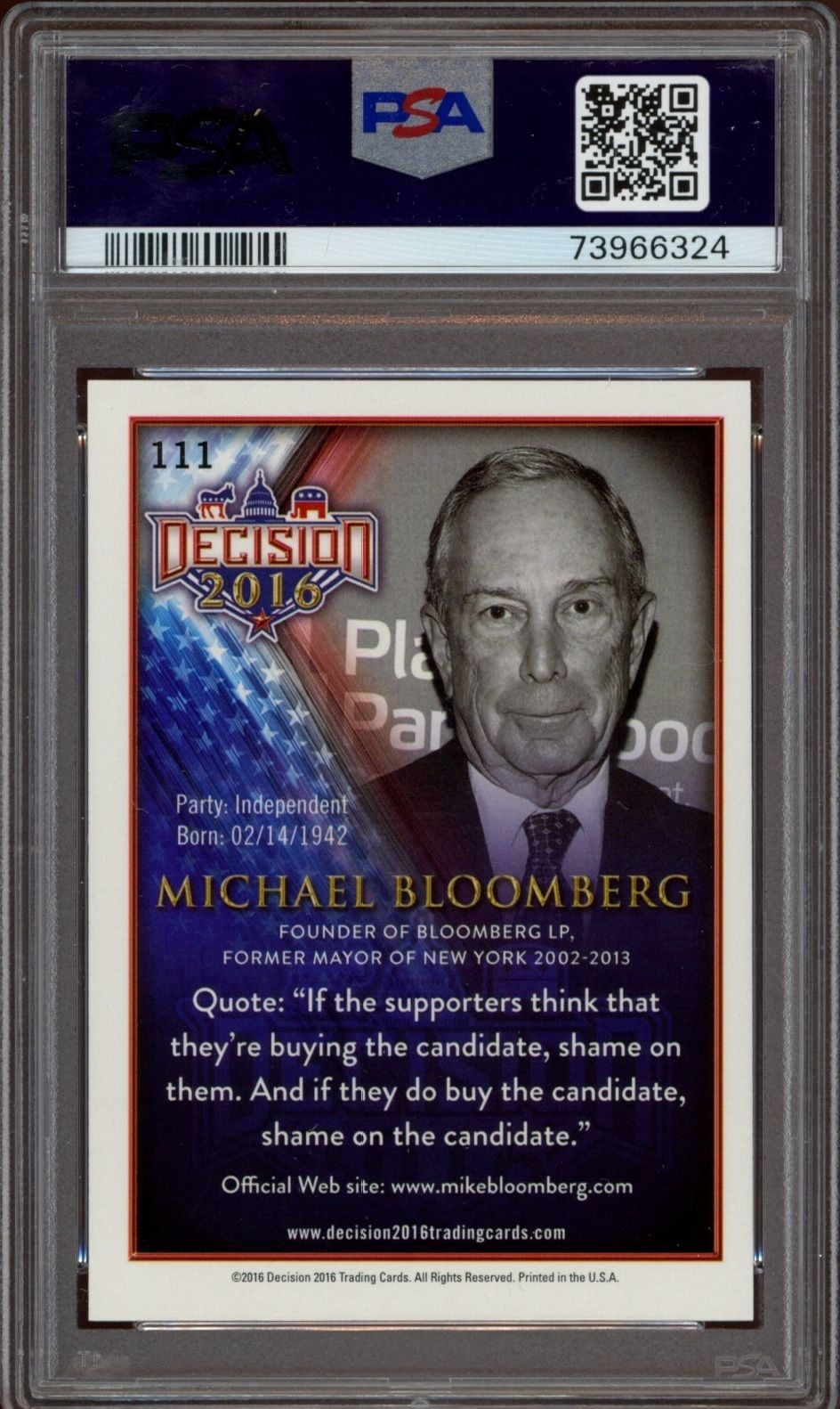 2016 Leaf Decision Michael Bloomberg #111 political trading card back