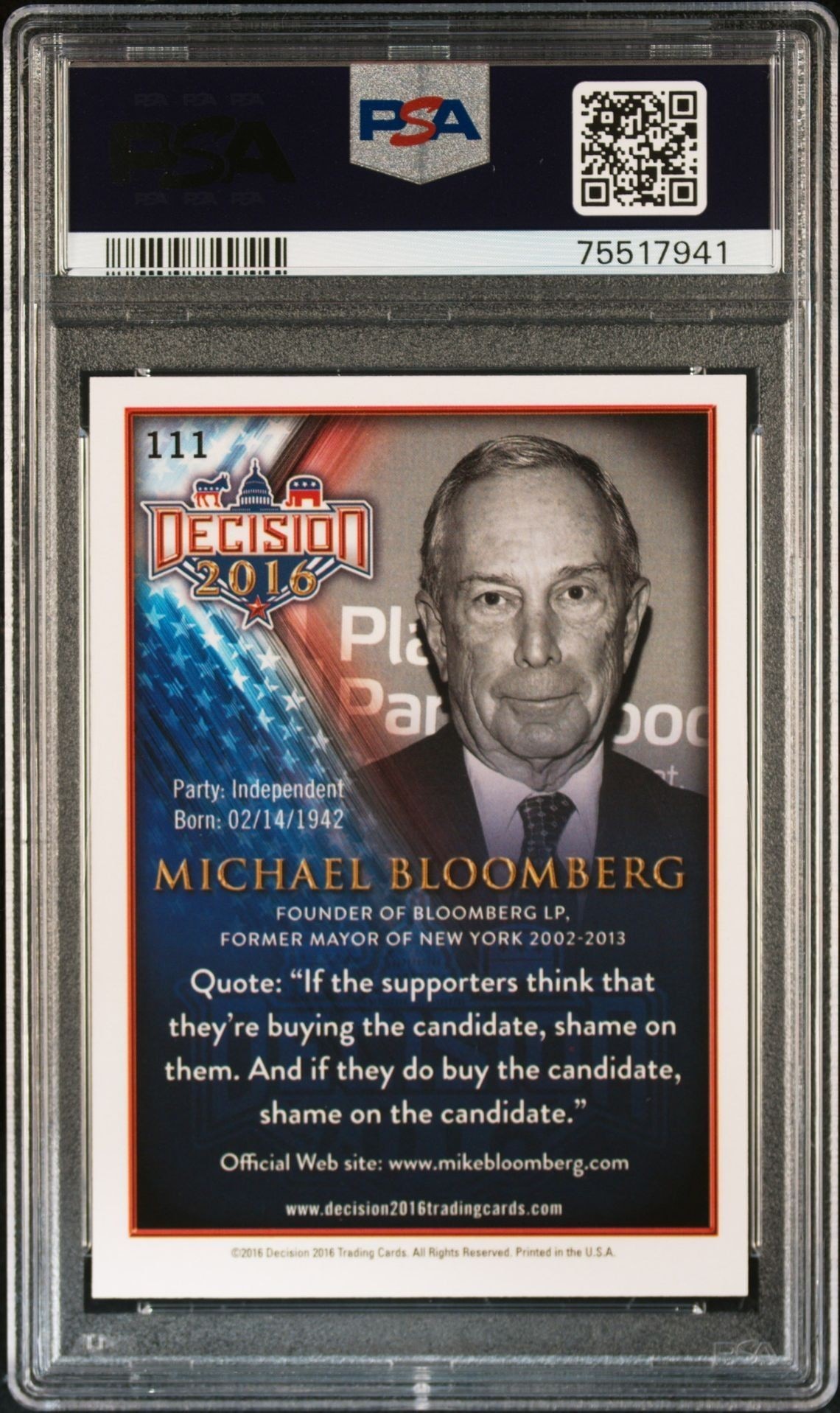 2016 Leaf Decision Michael Bloomberg #111 political trading card back
