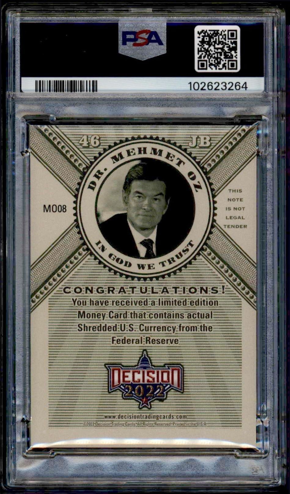 2022 Leaf Decision Dr. Mehmet Oz #MO08 political trading card back