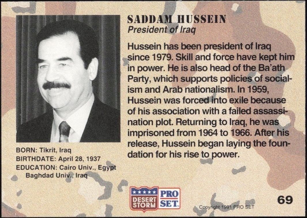 1991 Pro Set Saddam Hussein #69 military trading card back