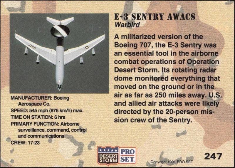 1991 Pro Set Desert Storm E-3 Sentry Awacs #247 military trading card back