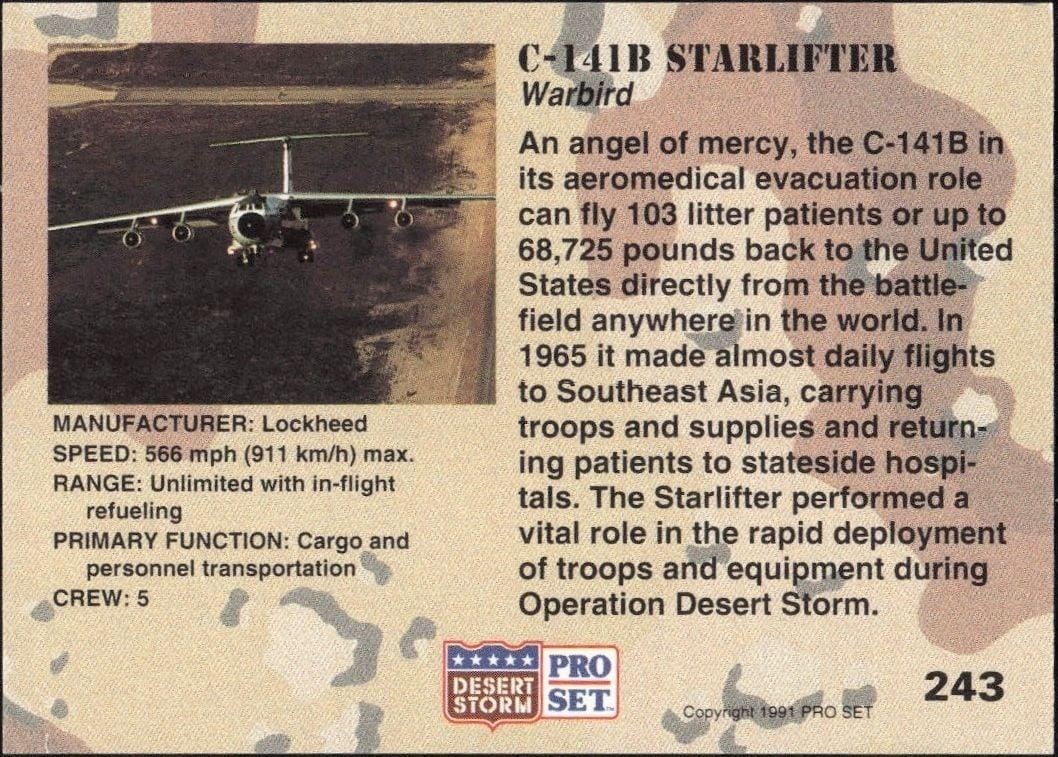 1991 Pro Set Desert Storm C-141B Starlifter #243 military trading card back