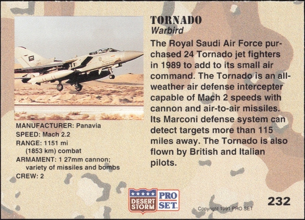 1991 Pro Set Desert Storm Tornado #232 military trading card back