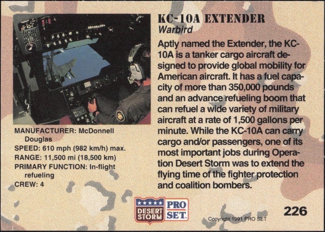 1991 Pro Set Desert Storm KC-10A Extender #226 military trading card back