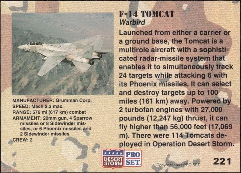 1991 Pro Set Desert Storm F-14 Tomcat #221 military trading card back
