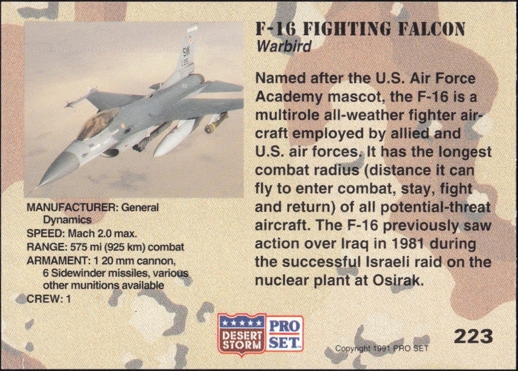 1991 Pro Set Desert Storm F-16 Fighting Falcon #223 military trading card back