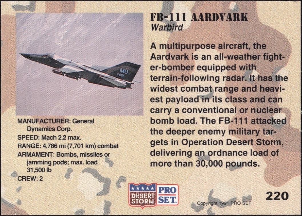 1991 Pro Set Desert Storm FB-111 Aardvark #220 military trading card back