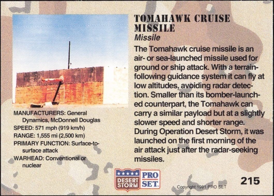 1991 Pro Set Desert Storm Tomahawk Cruise Missile #215 military trading card back