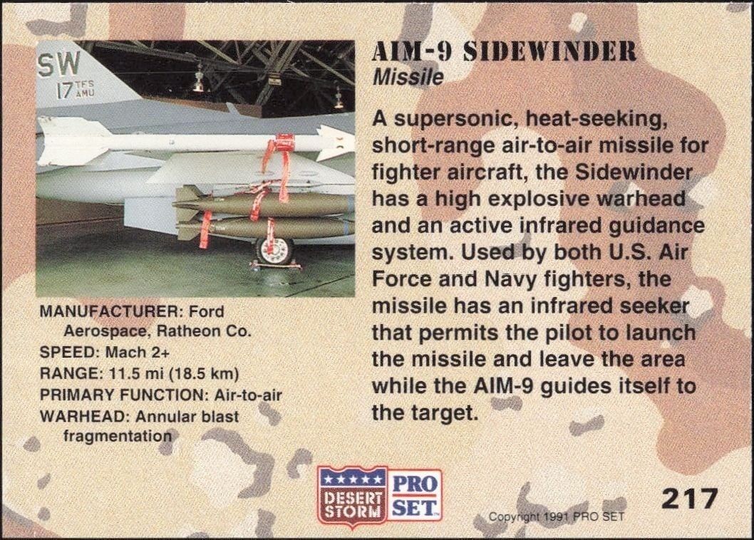 1991 Pro Set Desert Storm AIM-9 Sidewinder #217 military trading card back