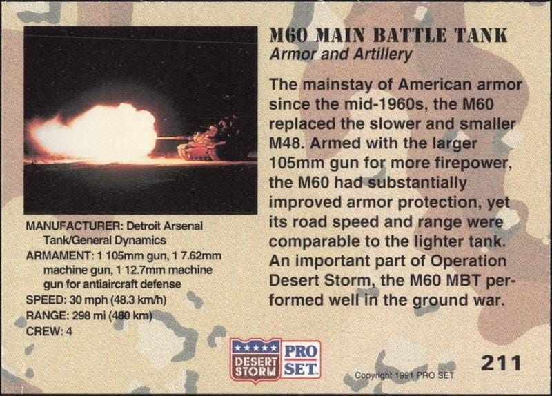 1991 Pro Set Desert Storm M60 Main Battle Tank #211 military trading card back
