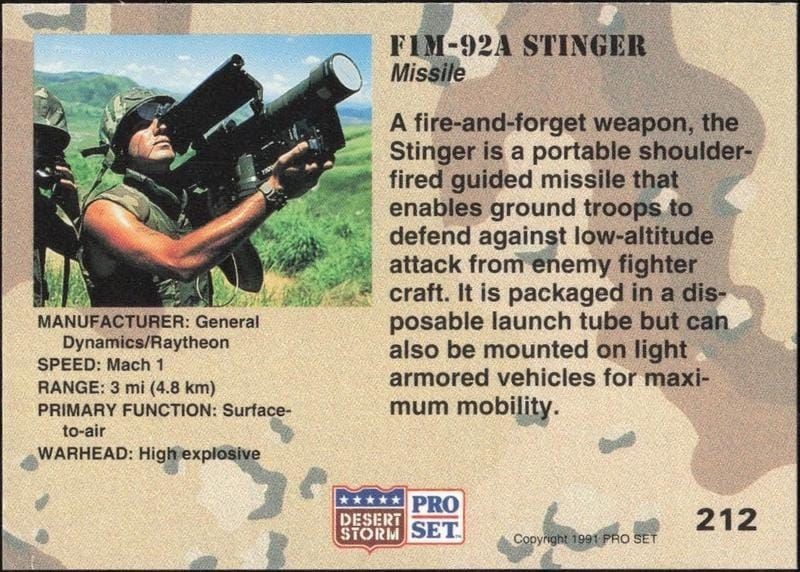 1991 Pro Set Desert Storm FIM-92A Stinger #212 military trading card back