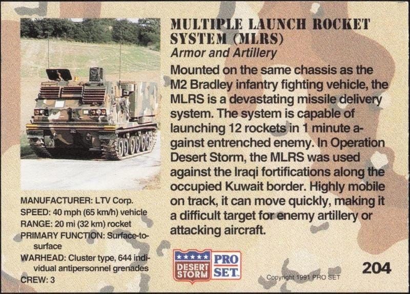 1991 Pro Set Desert Storm Multiple Launch Rocket System (MLRS) #204 military trading card back
