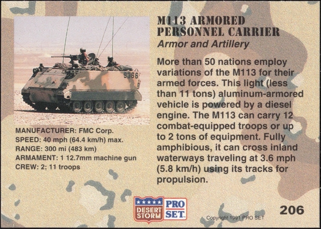 1991 Pro Set Desert Storm M113 Armored Personnel Carrier #206 military trading card back