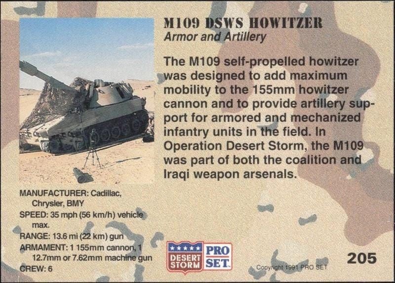 1991 Pro Set Desert Storm M109 DSWS Howitzer #205 military trading card back