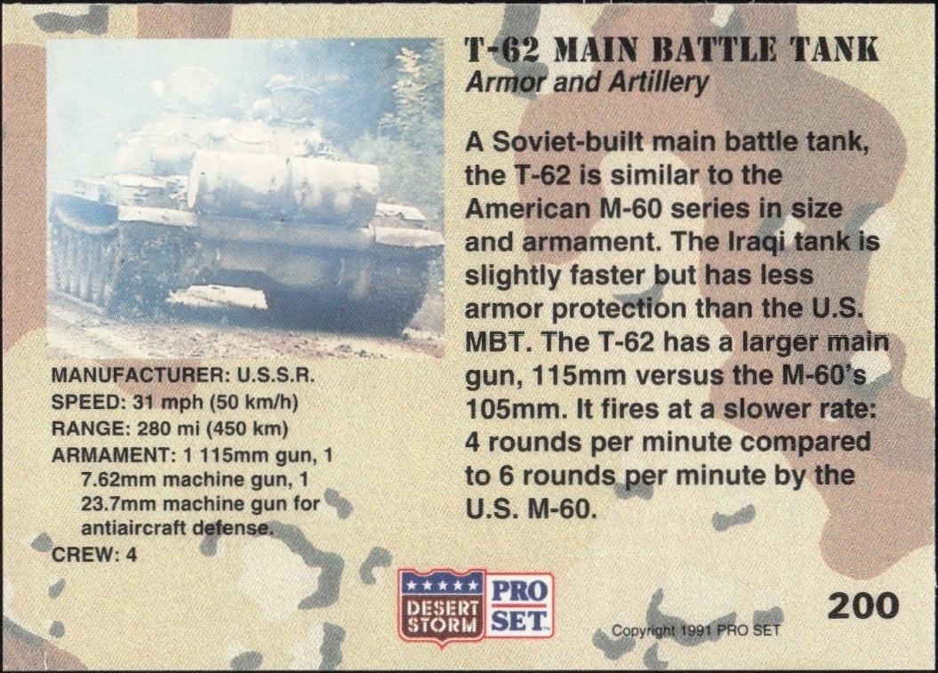 1991 Pro Set Desert Storm T-62 Main Battle Tank #200 military trading card back