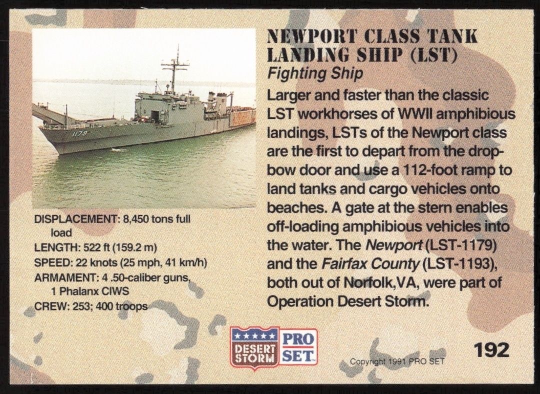 1991 Pro Set Desert Storm Newport Class Task Landing Ship (LST) #192 military trading card back