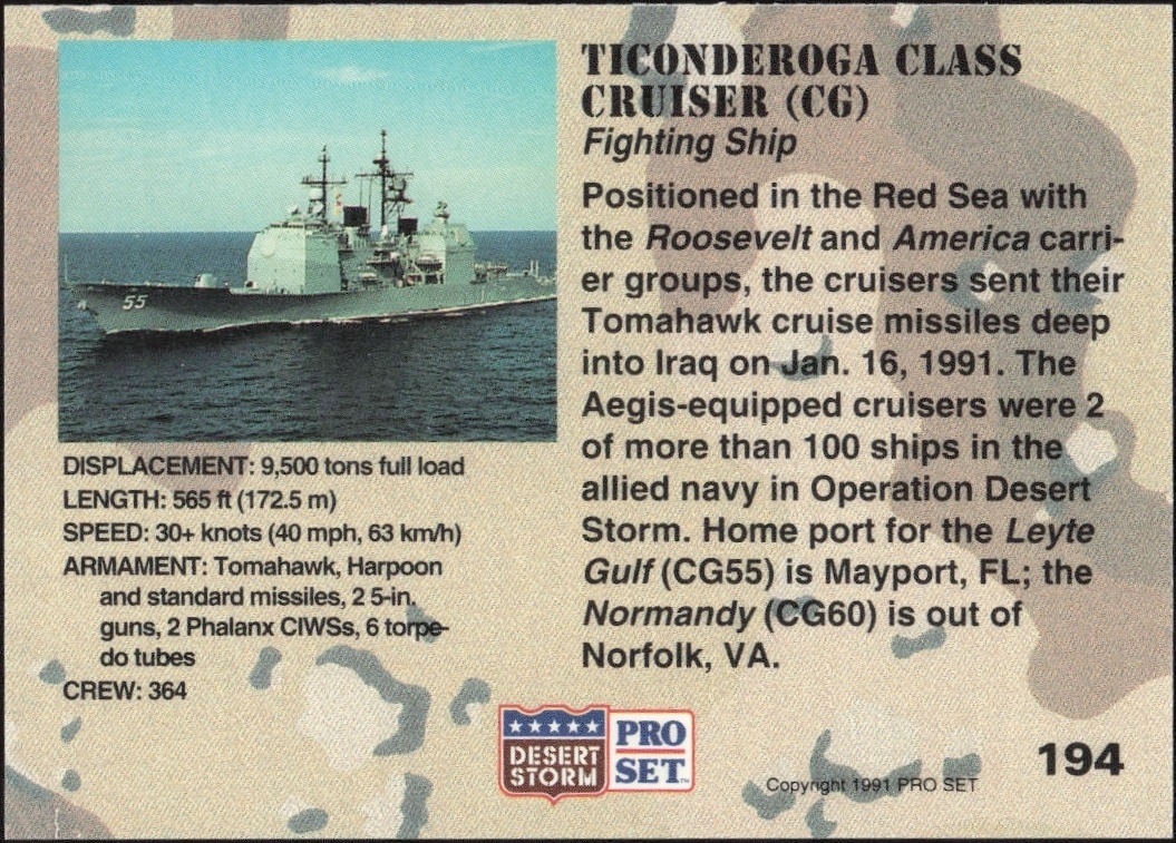 1991 Pro Set Desert Storm Ticonderoga Class Cruiser (CG) #194 military trading card back