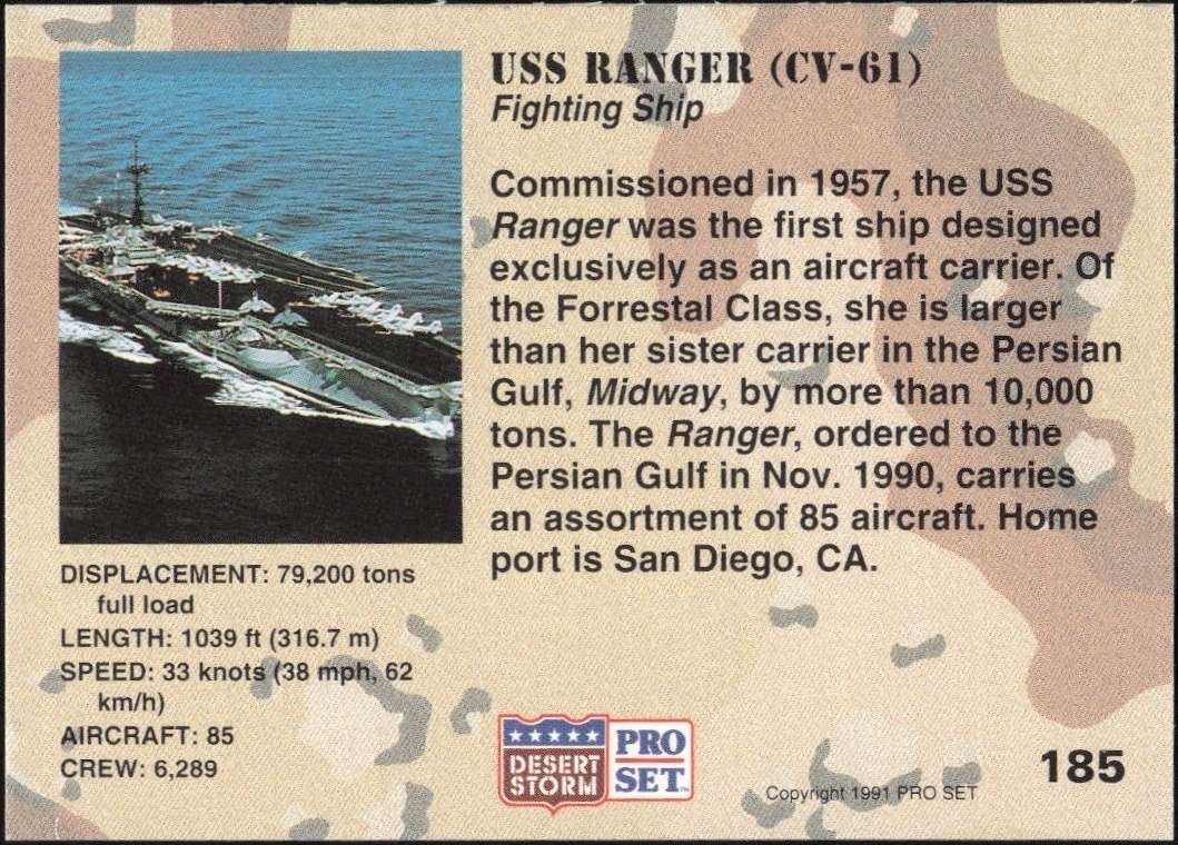 1991 Pro Set Desert Storm USS Ranger (CV-61) #185 military trading card back