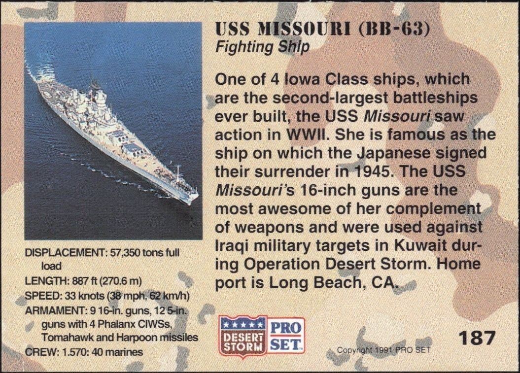 1991 Pro Set Desert Storm USS Missouri (BB-63) #187 military trading card back