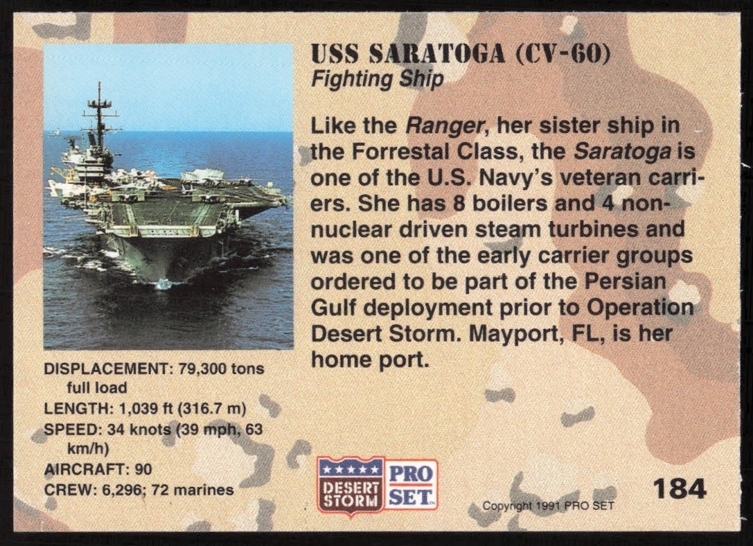 1991 Pro Set Desert Storm USS Saratoga (CV-60) #184 military trading card back
