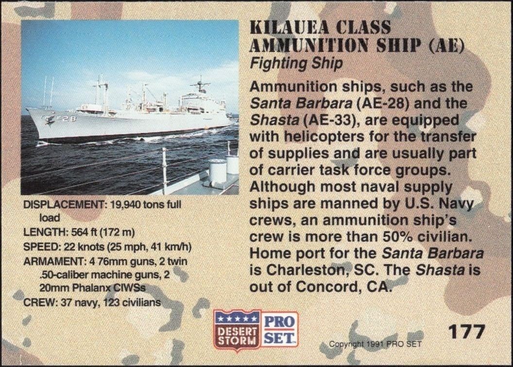 1991 Pro Set Desert Storm Kilauea Class Ammunition Ship (AE) #177 military trading card back