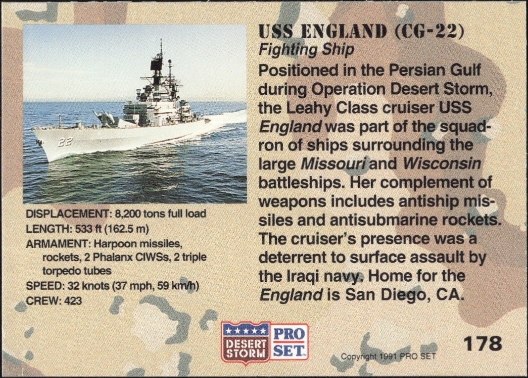 1991 Pro Set Desert Storm USS England (CG-22) #178 military trading card back