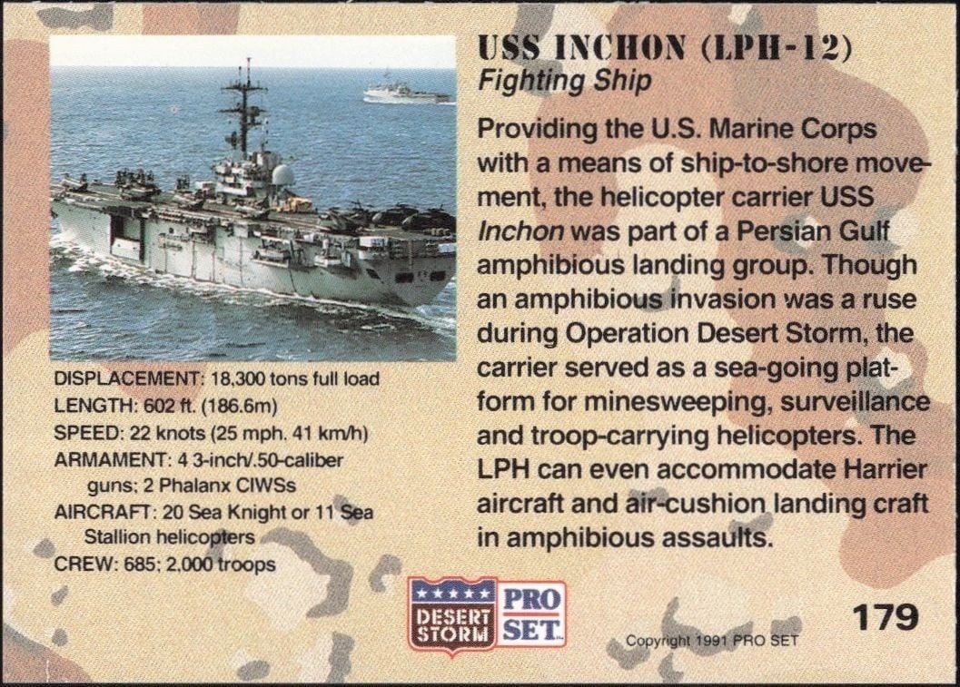 1991 Pro Set Desert Storm USS Inchon (LPH-12) #179 military trading card back