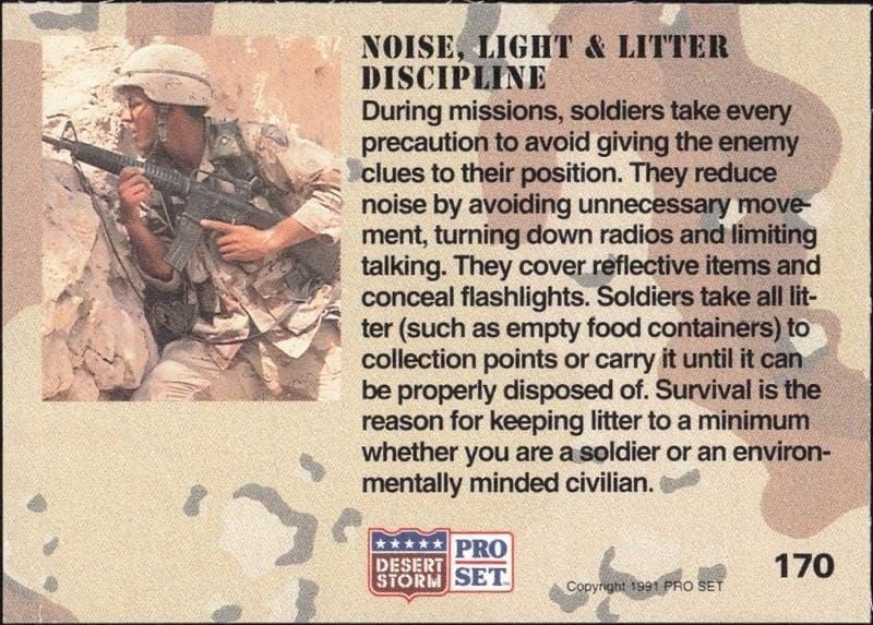 1991 Pro Set Desert Storm Noise, Light & Litter Discipline #170 military trading card back