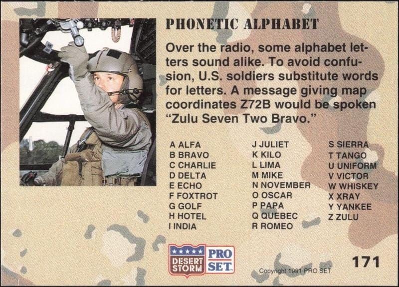 1991 Pro Set Desert Storm Phonetic Alphabet #171 military trading card back