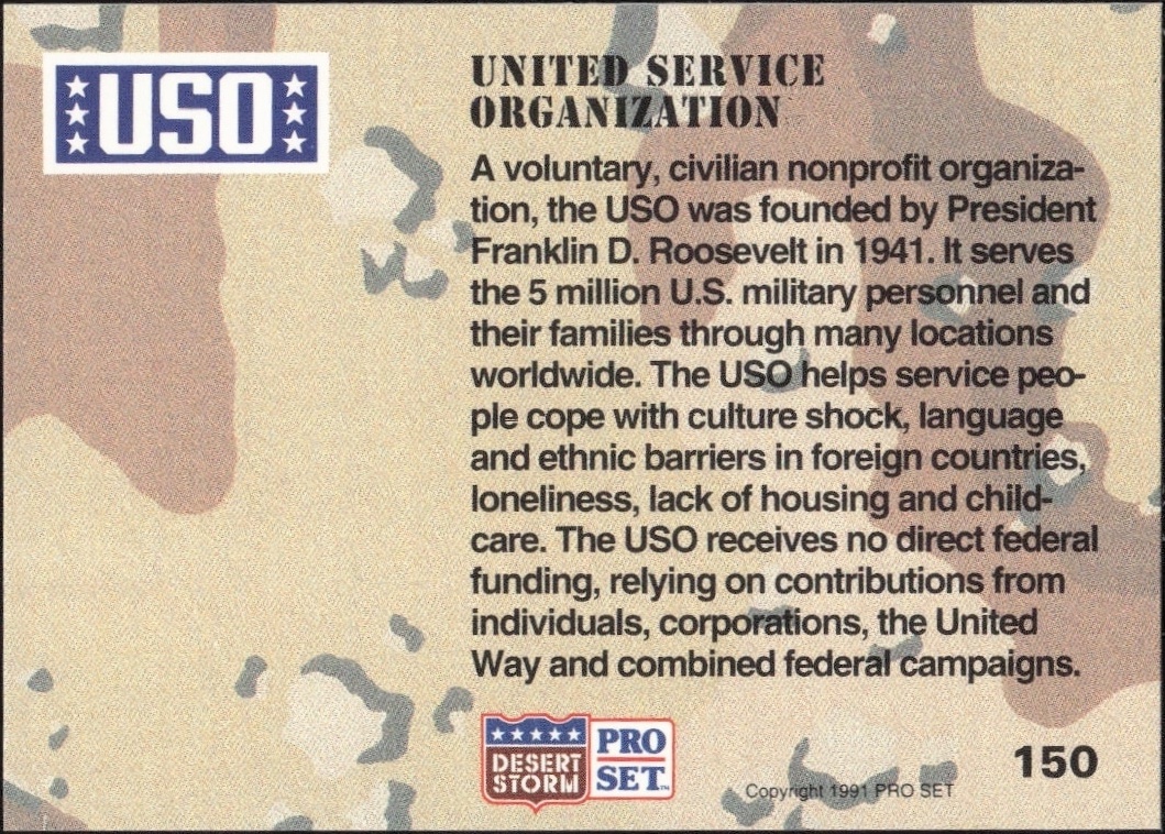 1991 Pro Set Desert Storm United Service Organization #150 military trading card back