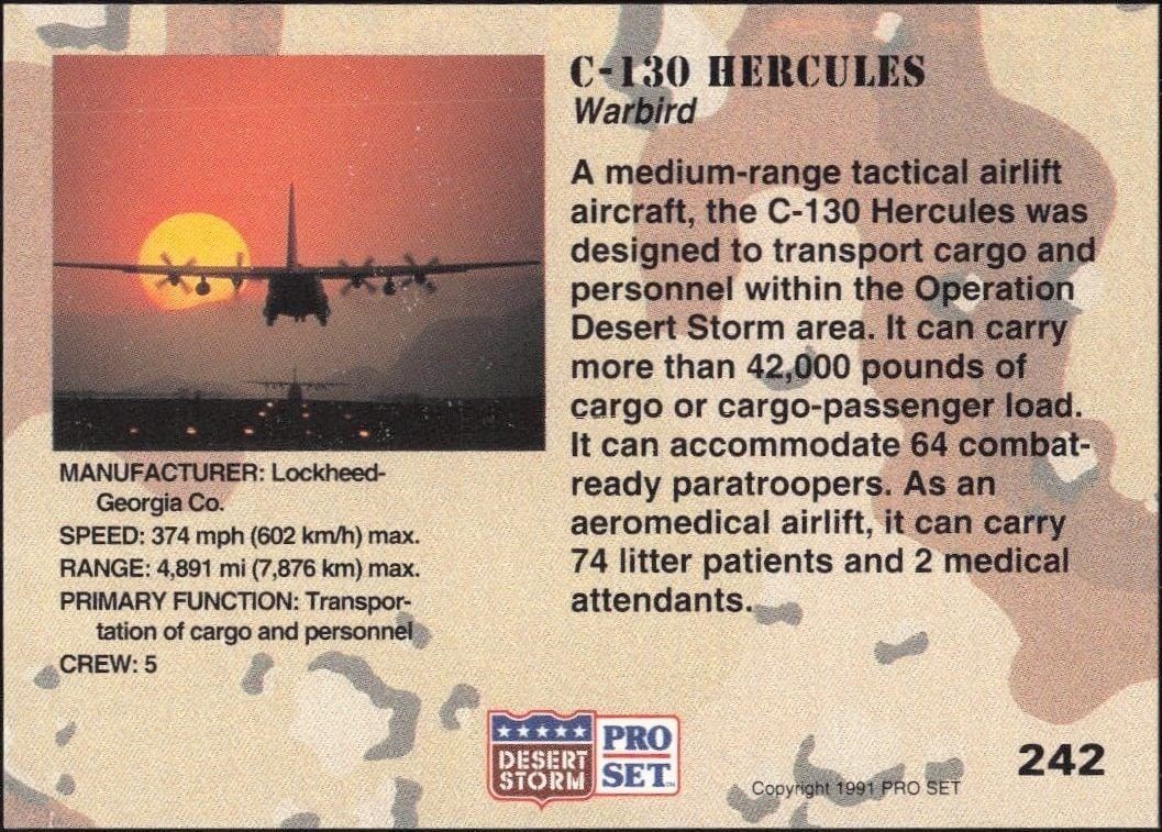 1991 Pro Set Desert Storm C-130 Hercules #142 military trading card back