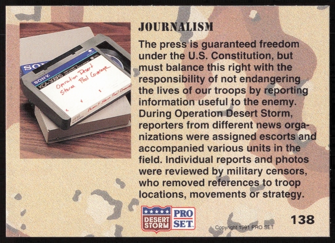 1991 Pro Set Desert Storm Journalism #138 military trading card back