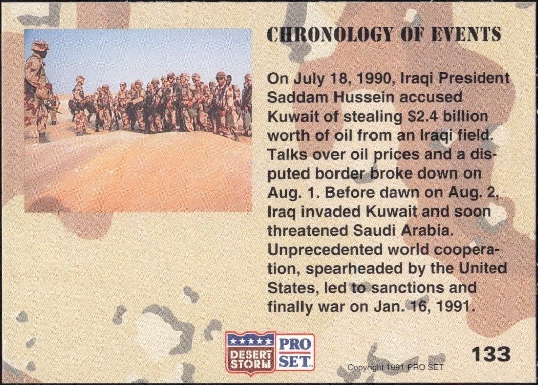 1991 Pro Set Desert Storm Choronology Of Events #133 military trading card back