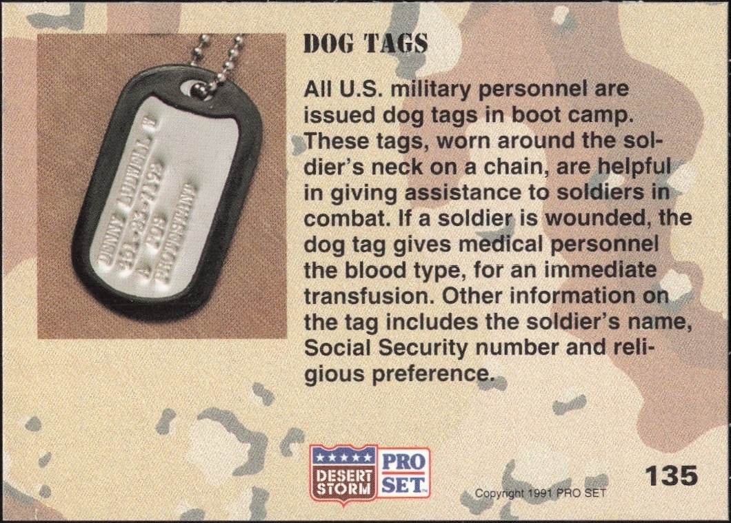1991 Pro Set Desert Storm Dog Tags #135 military trading card back