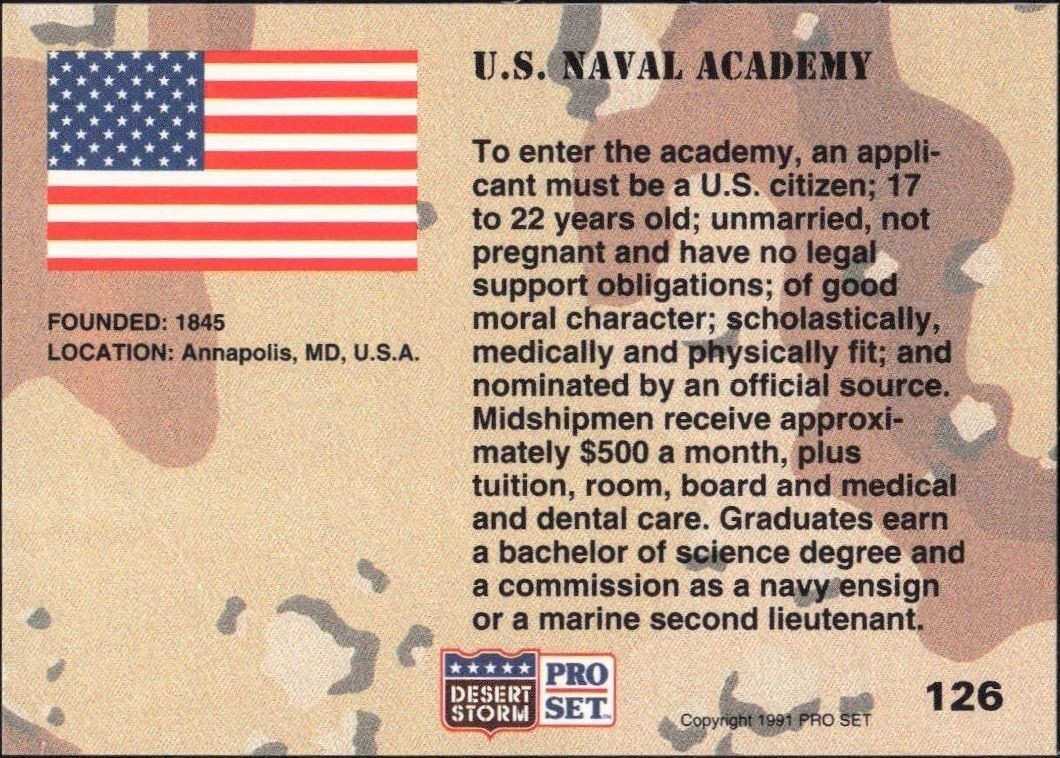 1991 Pro Set Desert Storm U.S Naval Academy #126 military trading card back