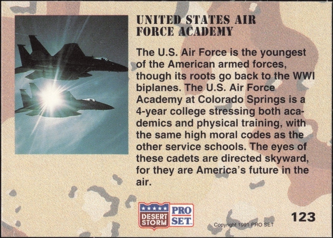 1991 Pro Set Desert Storm United States Air Force Academy #123 military trading card back