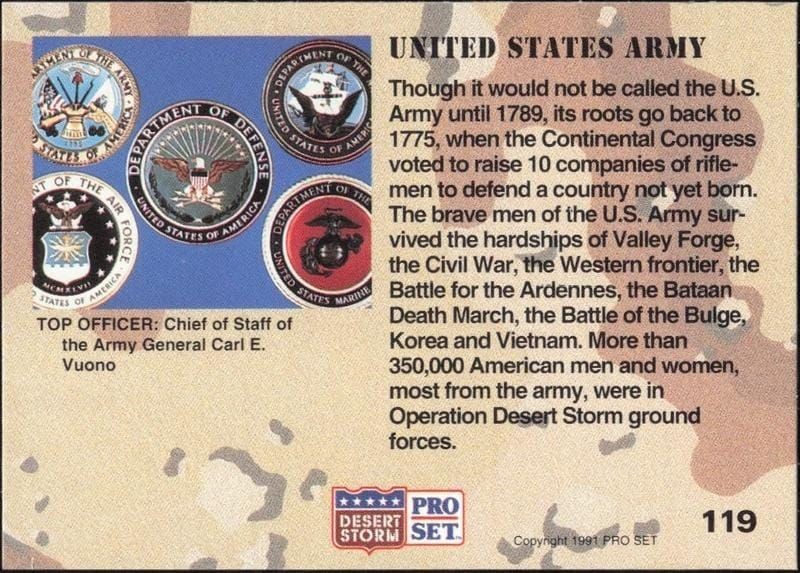 1991 Pro Set Desert Storm United States Army #119 military trading card back