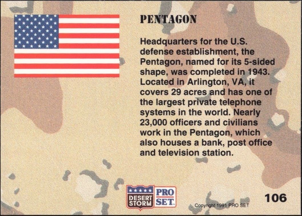 1991 Pro Set Desert Storm Pentagon #106 military trading card back