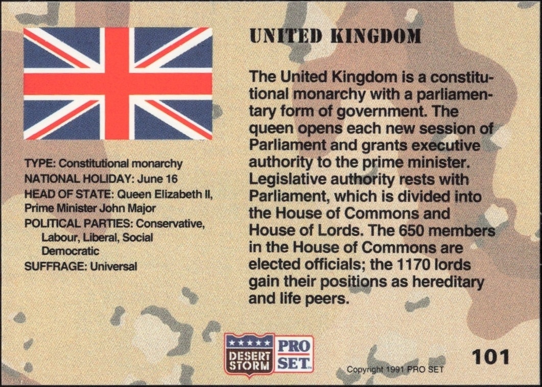 1991 Pro Set Desert Storm United Kingdom System #101 military trading card back