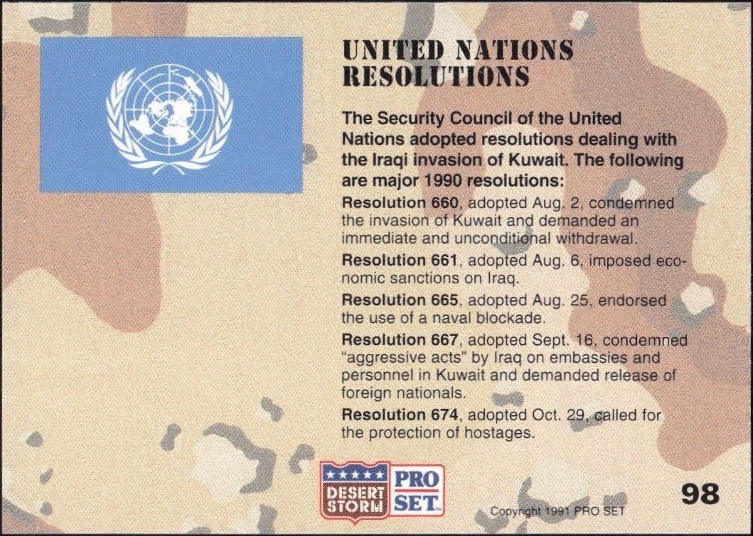 1991 Pro Set Desert Storm United Nations Resolutions #98 military trading card back